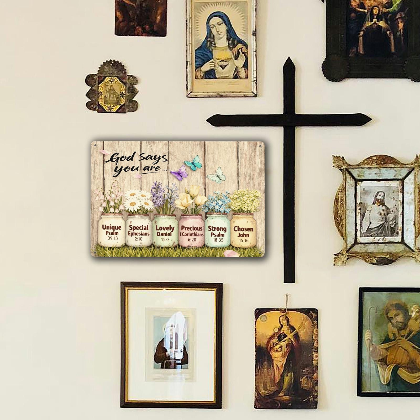 God Says You Are Mason Jar Metal Sign, Christian Scripture Wall Art, Floral Farmhouse Inspirational Decor