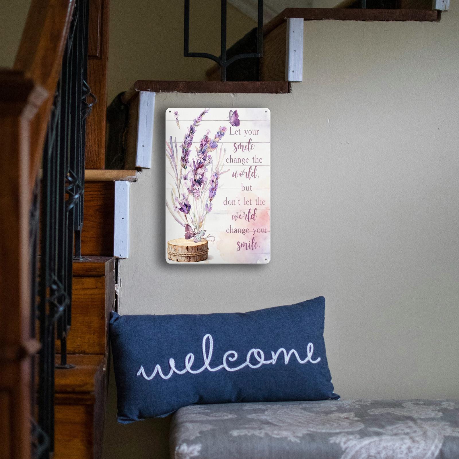 Let Your Smile Change the World Metal Sign, Lavender Inspirational Quote Wall Art Farmhouse Decor