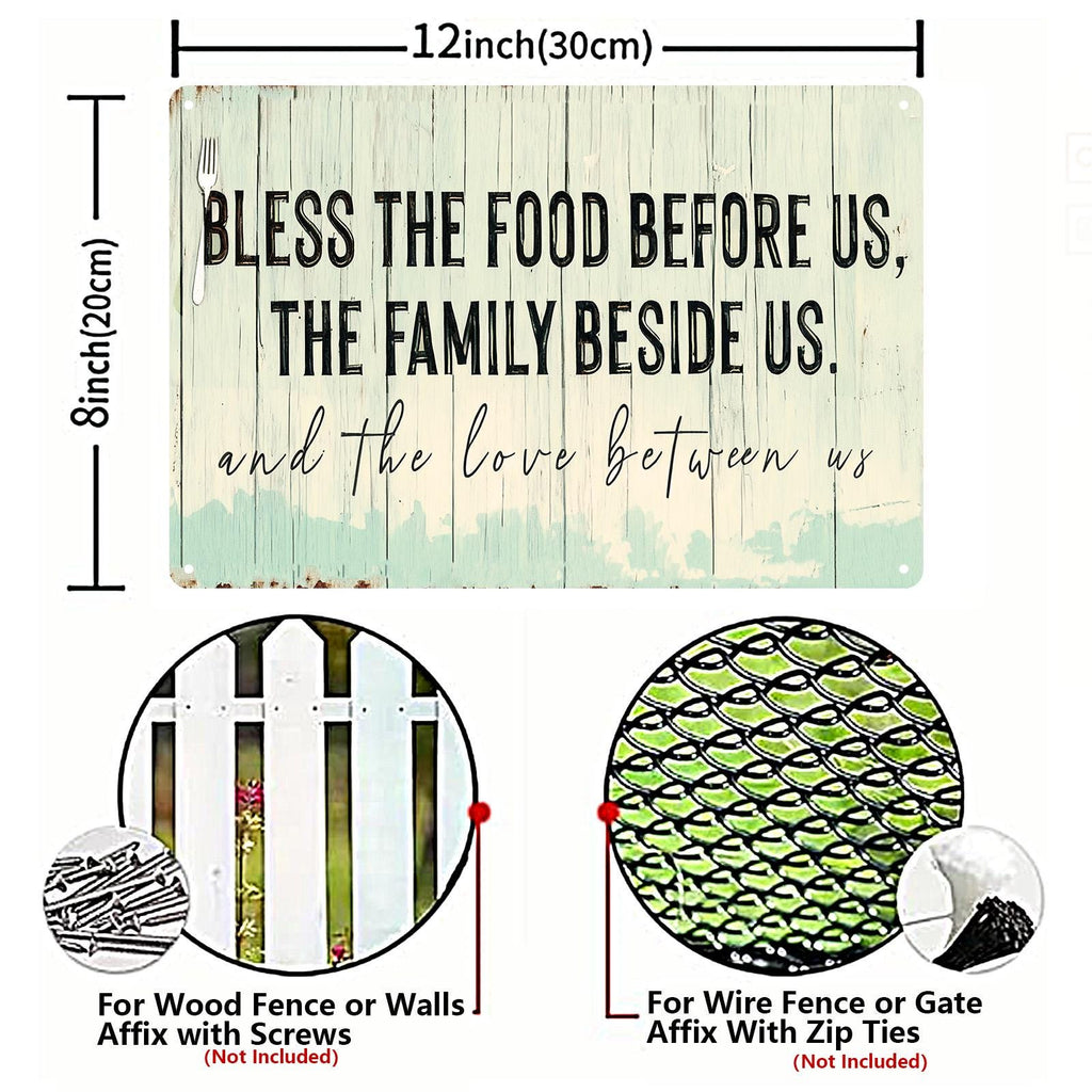 Bless the Food Before Us Metal Sign, Family Beside Us Love Between Us Farmhouse Kitchen Dining Room Wall Decor