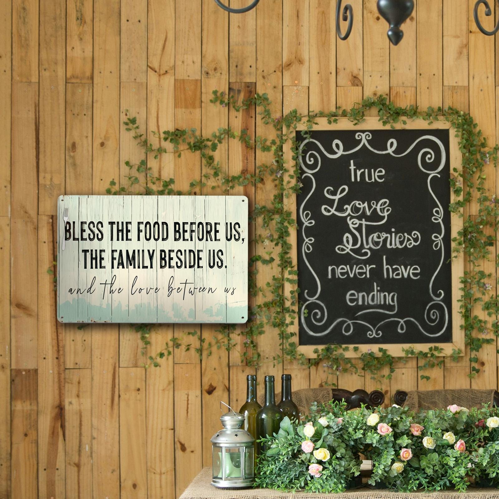 Bless the Food Before Us Metal Sign, Family Beside Us Love Between Us Farmhouse Kitchen Dining Room Wall Decor