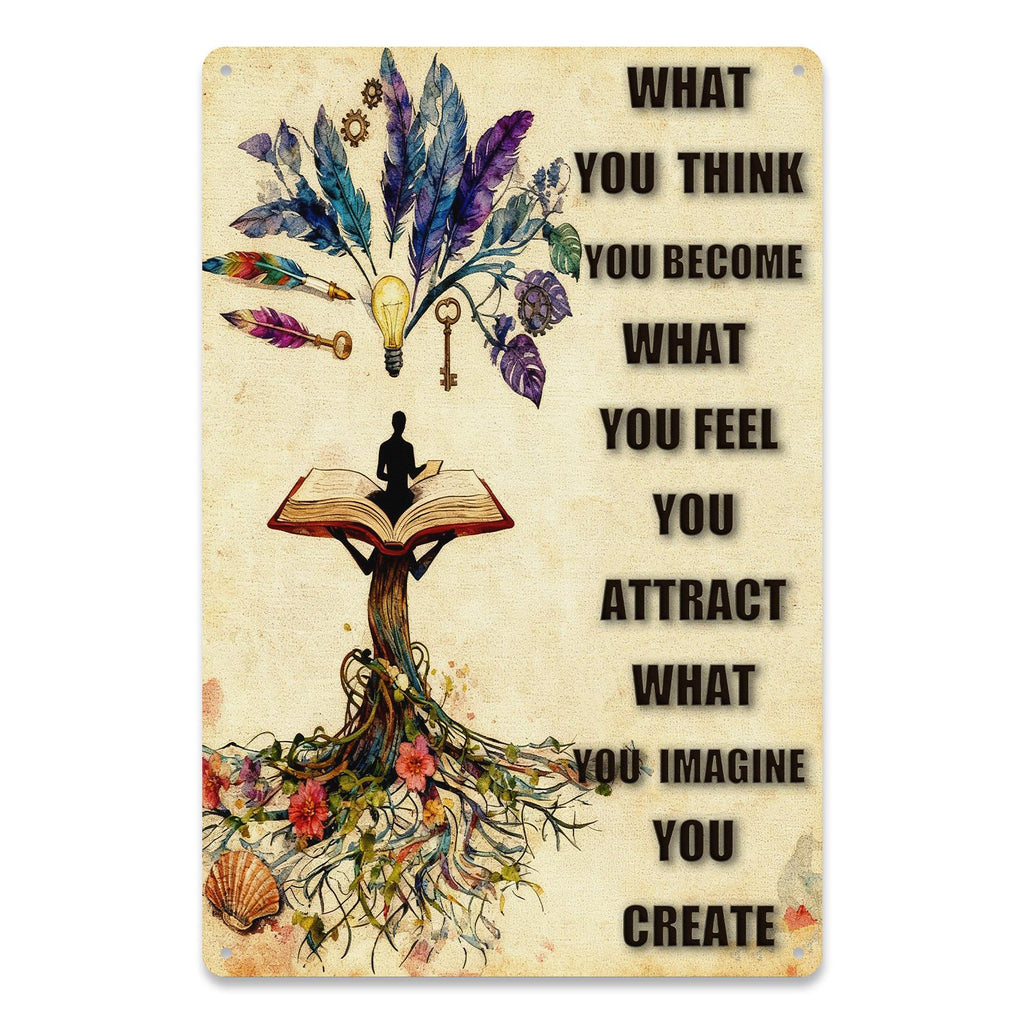 What You Think You Become Metal Sign, Law of Attraction Inspirational Quote Tree of Life Wall Art for Home Office Yoga Room