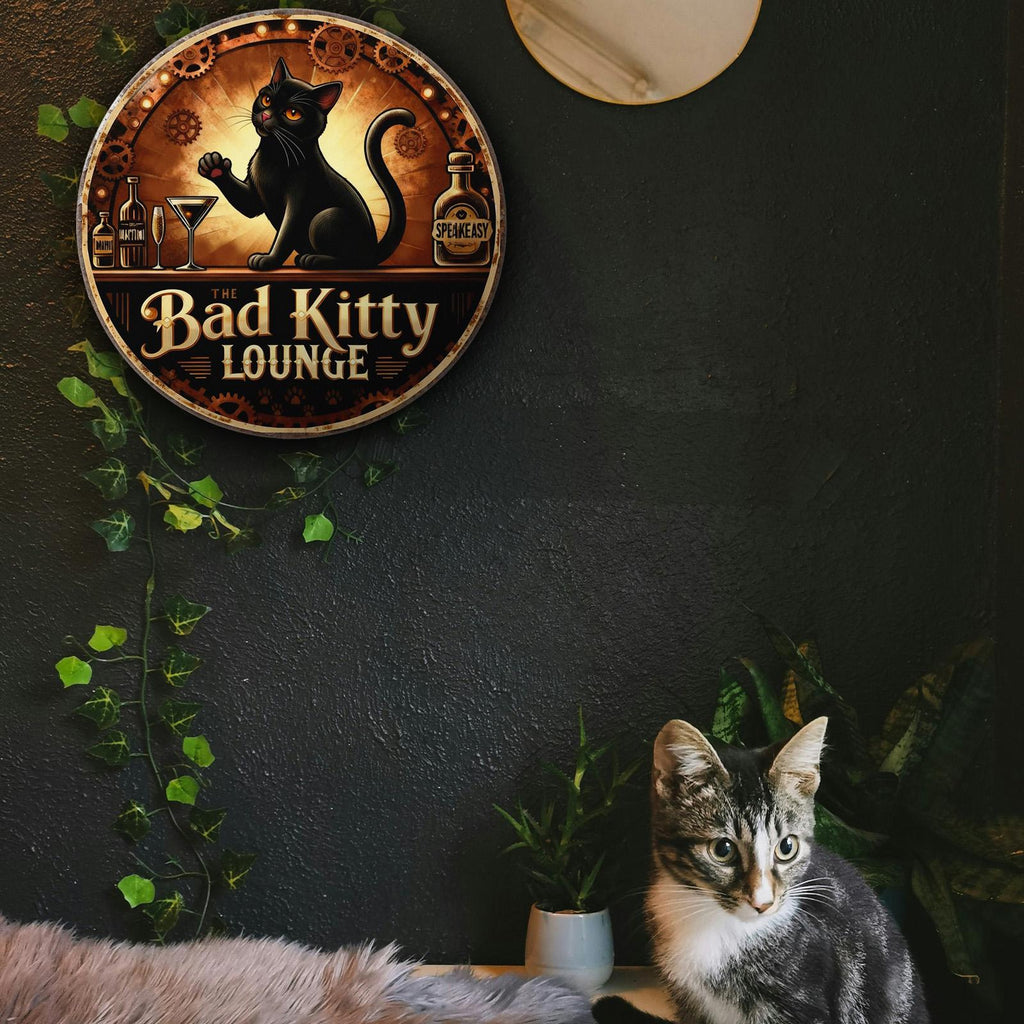 Rundes Metallschild Schwarze Katze Speakeasy Lounge Vintage Steampunk Design Für Bar-Deko Zuhause…