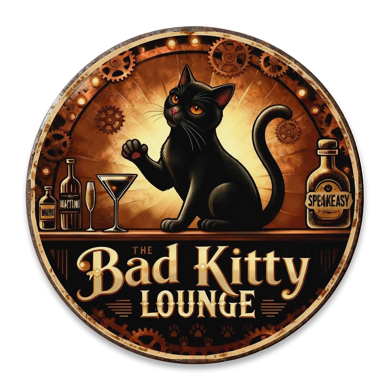 Round Metal Sign Black Cat Speakeasy Lounge Vintage Steampunk Design For Bar Decor Home Wall Art Retro Style