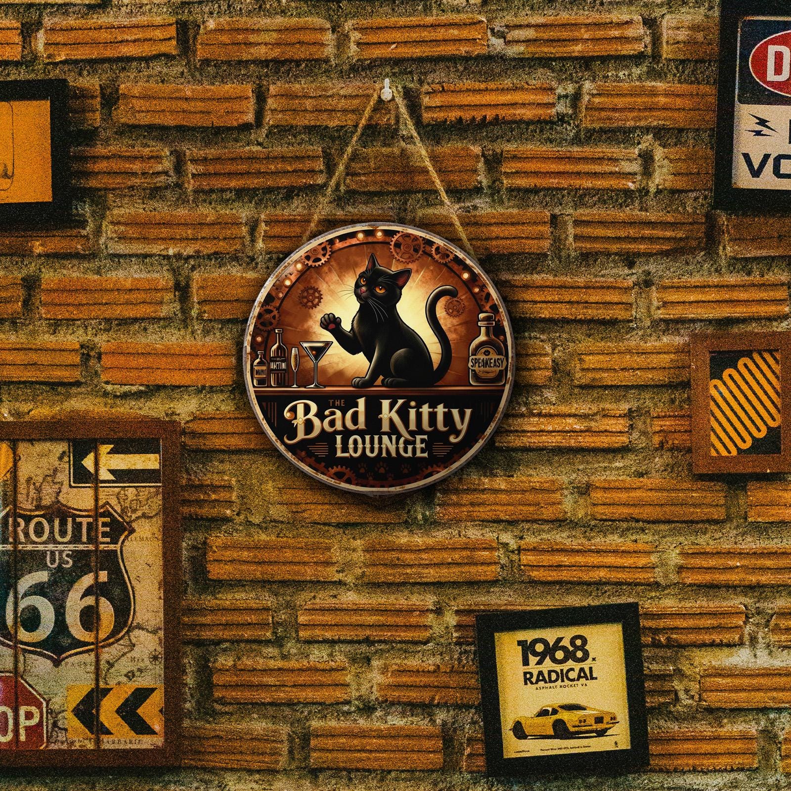 Round Metal Sign Black Cat Speakeasy Lounge Vintage Steampunk Design For Bar Decor Home Wall Art Retro Style