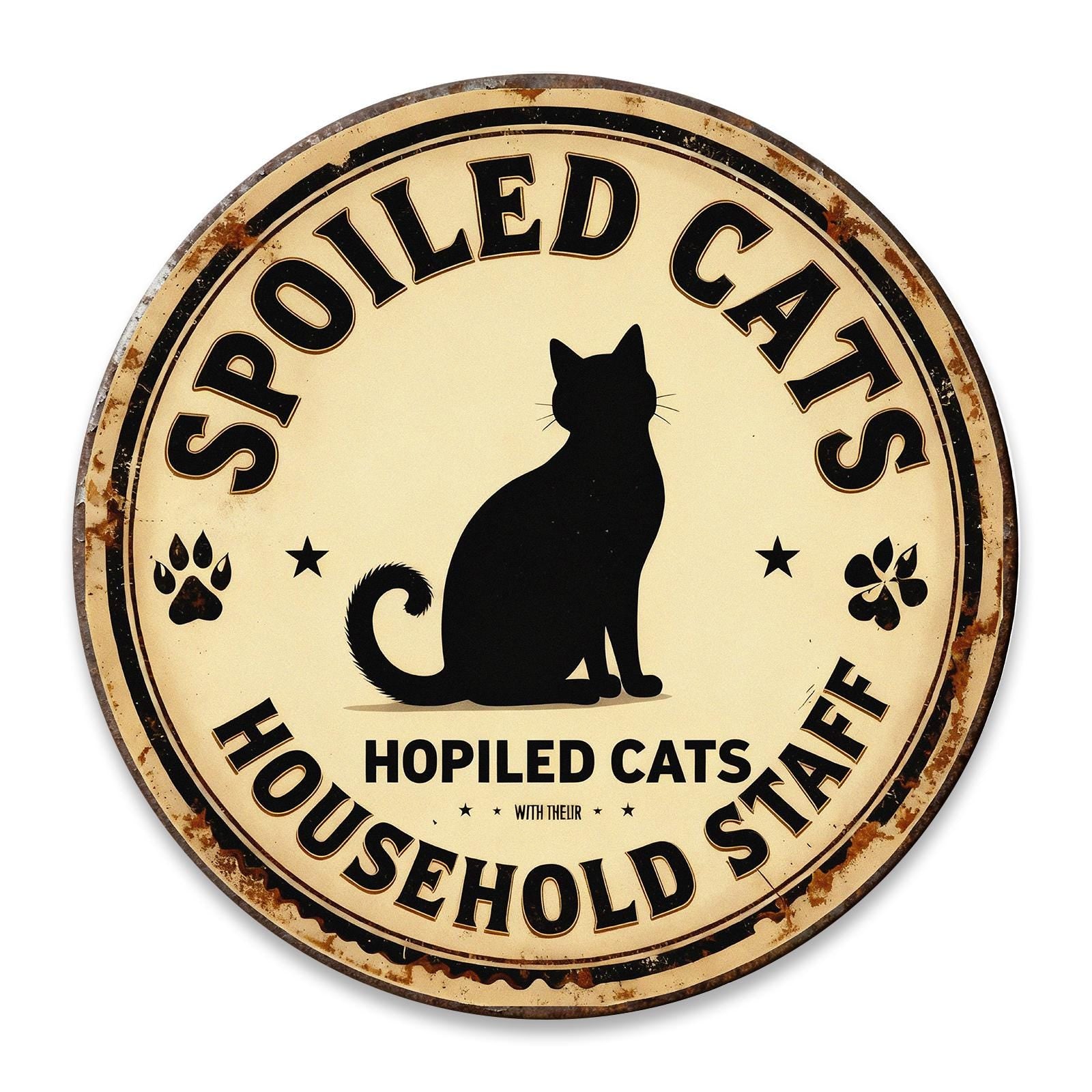 Circular Metal Sign Cream Color Spoiled Cats Household Staff With Cat Silhouette And Paw Prints Decorative Wall Art For Home