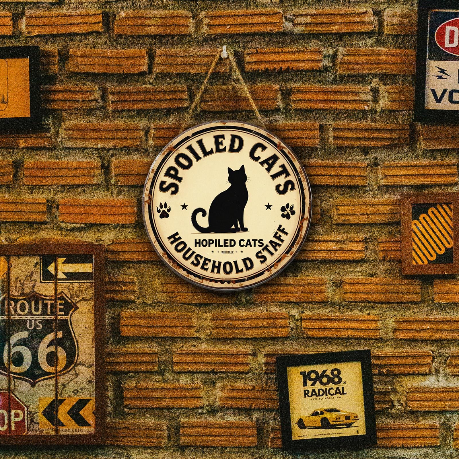 Circular Metal Sign Cream Color Spoiled Cats Household Staff With Cat Silhouette And Paw Prints Decorative Wall Art For Home