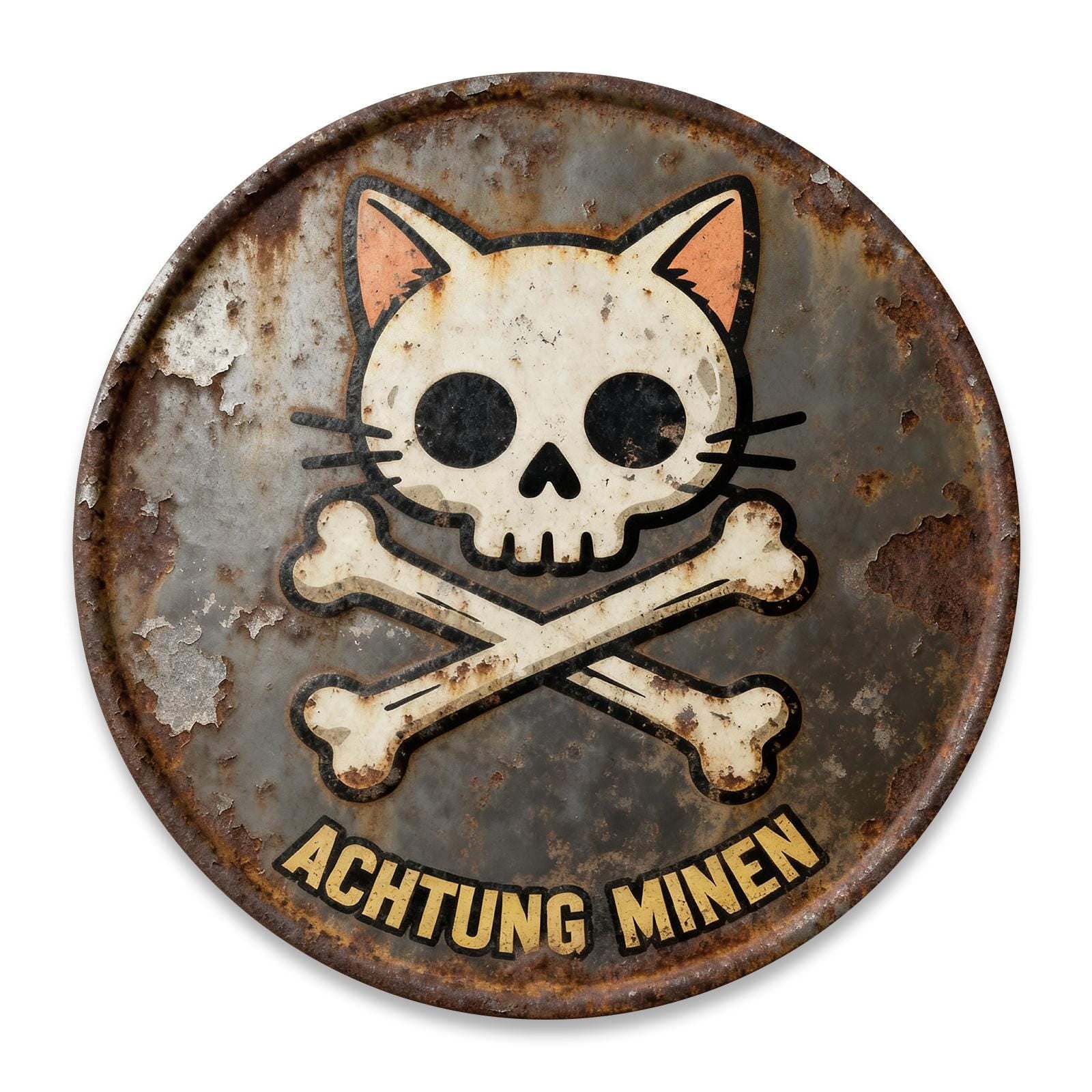 Rustic Metal Sign White Cat Skull and Crossbones Achtung Minen Warning Sign for Home Decor Outdoor Wall Art Vintage Style