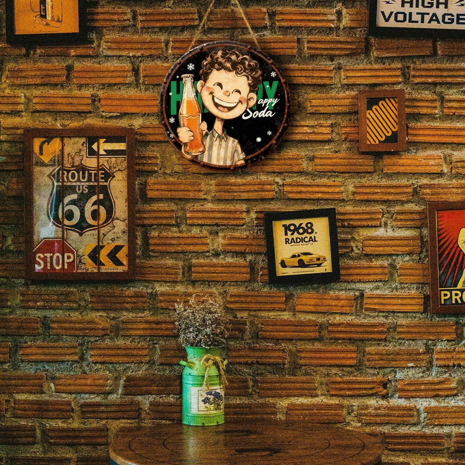 Retro Style Round Metal Sign Black With Happy Soda Boy Holding Bottle And Snowflakes Print For Home Decor And Gift