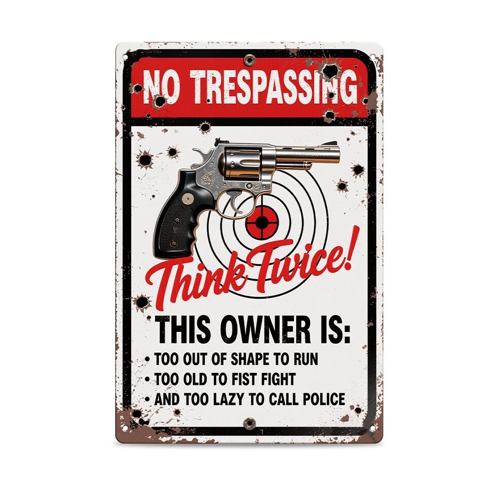 No Trespassing Sign Metal Plate Red White Black Gun Target Think Twice Warning Sign For Home Yard Outdoor Security
