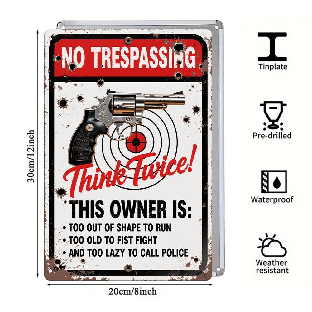 No Trespassing Sign Metal Plate Red White Black Gun Target Think Twice Warning Sign For Home Yard Outdoor Security