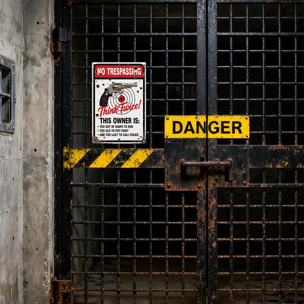No Trespassing Sign Metal Plate Red White Black Gun Target Think Twice Warning Sign For Home Yard Outdoor Security