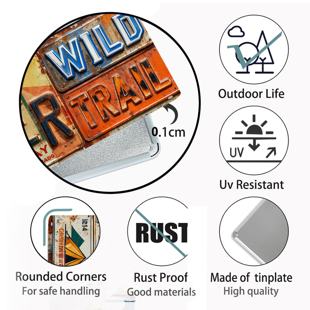 Décoration murale en forme de plaque d'immatriculation « Happy Camper Wild Trail » multicolore style vintage pour l'extérieur...