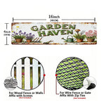 Panneau de jardin blanc "Garden Haven" avec texte, fleurs, pots, outils et décorations de champignons…