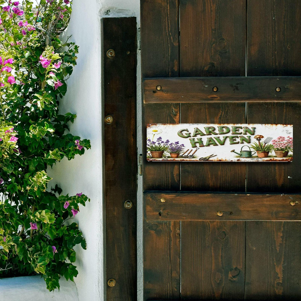 Garden Sign Board White Garden Haven Text With Flowers Pots Tools And Mushroom Decorative Outdoor Indoor Home Decor