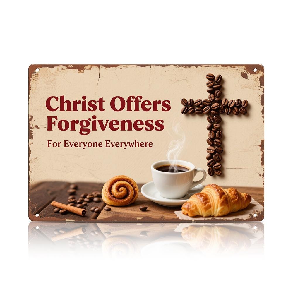 Rustic Metal Sign Beige Christ Offers Forgiveness Cross Coffee Beans And Pastries Christian Inspiration For Home Kitchen