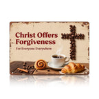 Panneau métallique rustique beige Christ offre pardon croix grains de café et pâtisseries Chris…