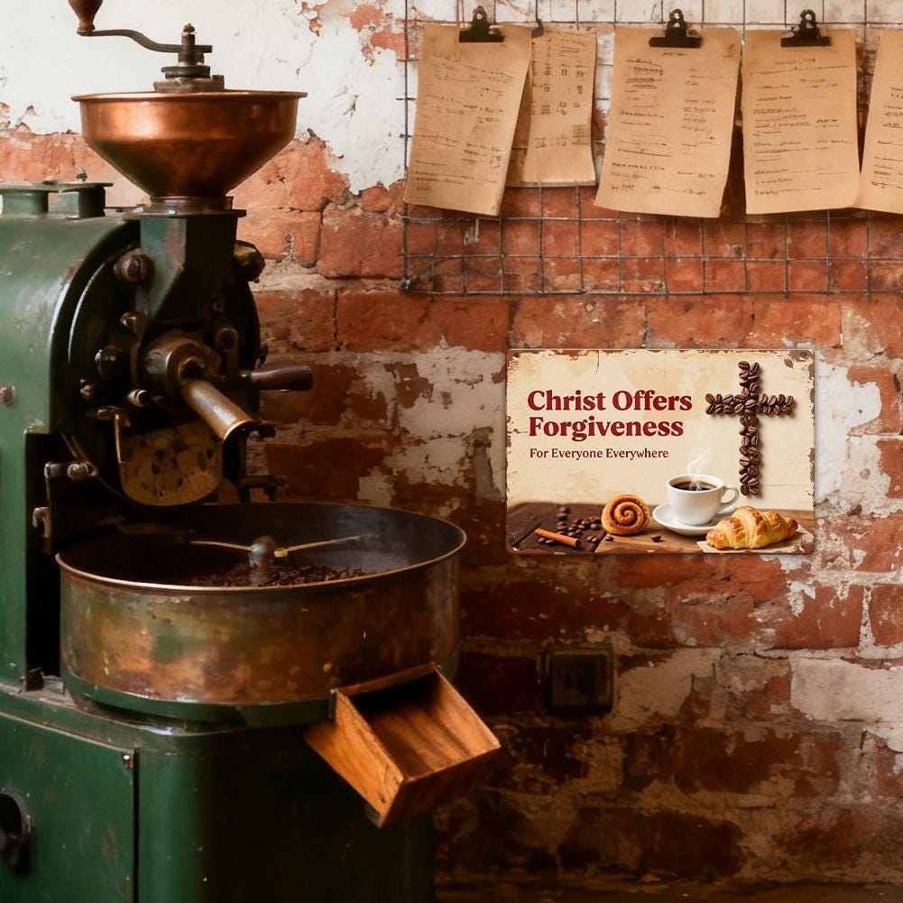 Rustic Metal Sign Beige Christ Offers Forgiveness Cross Coffee Beans And Pastries Christian Inspiration For Home Kitchen