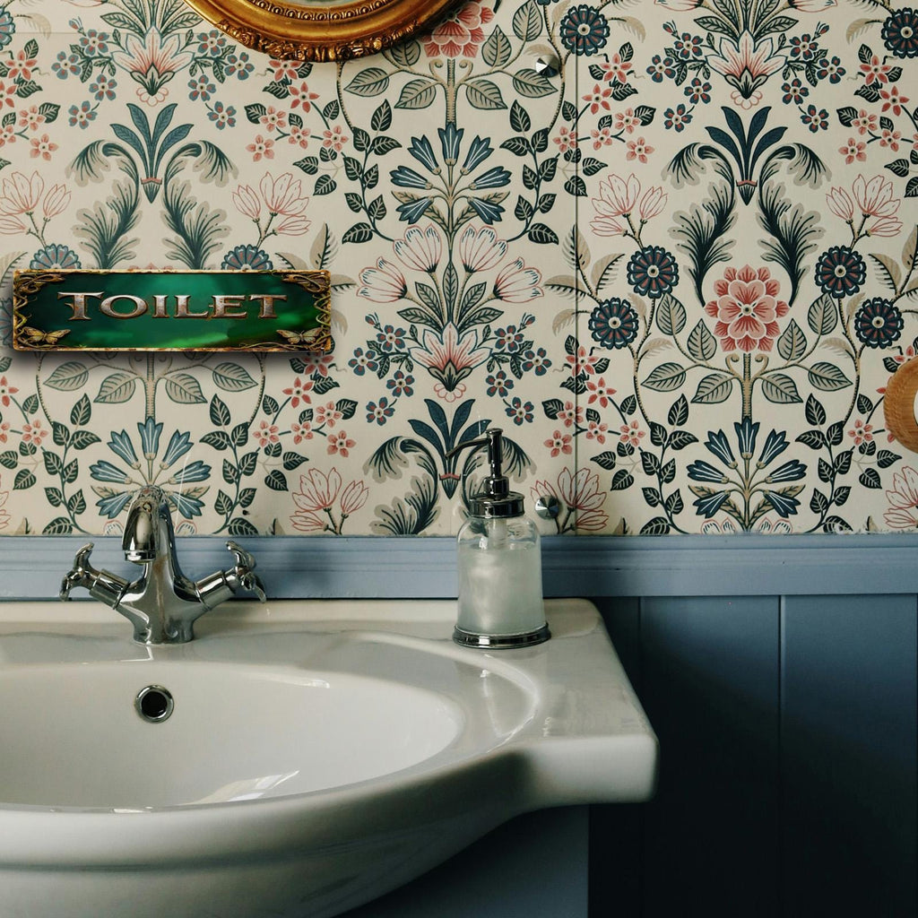 Rectangular Toilet Sign Green Background With Butterflies And Vine Patterns For Bathroom Decor Restroom Wall Art