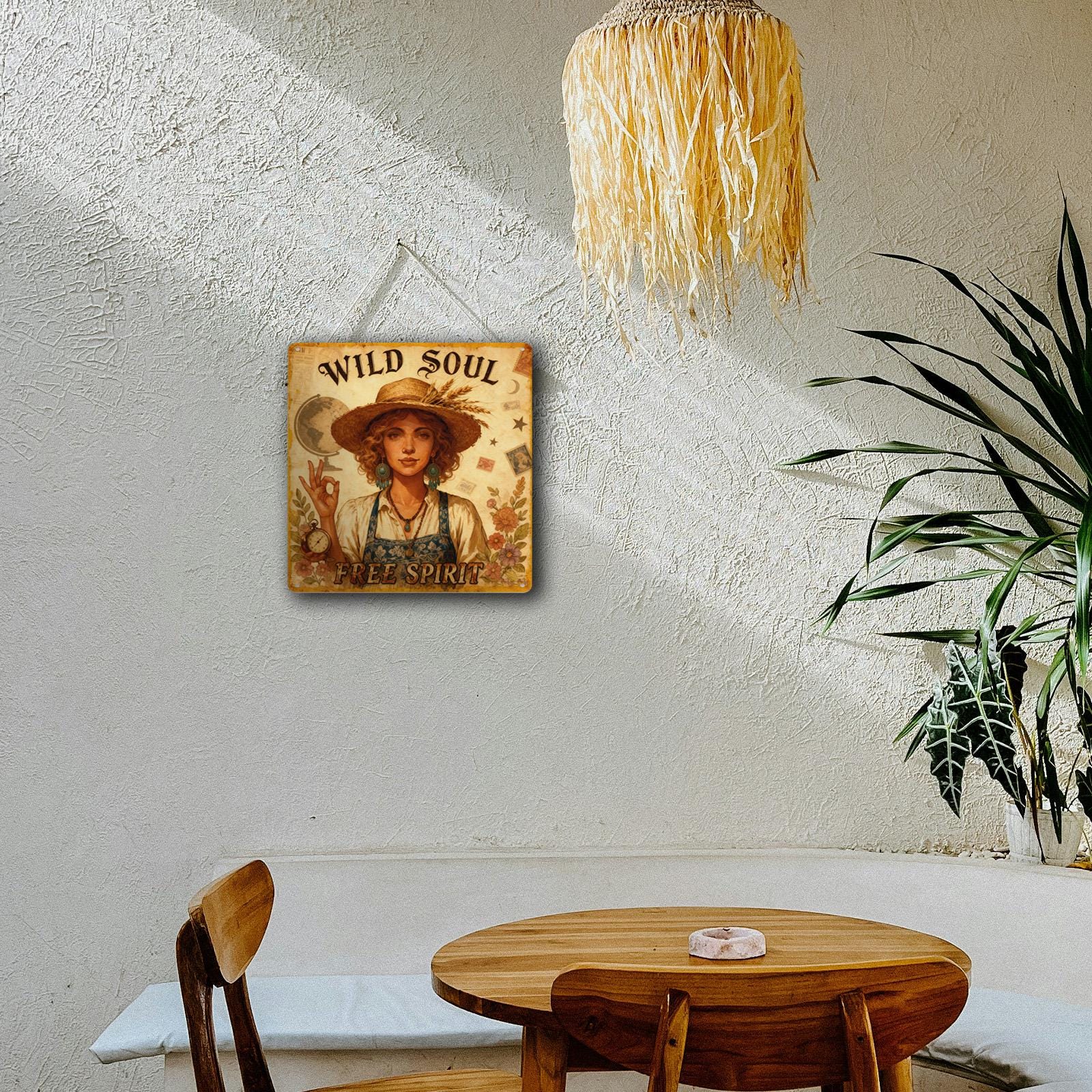Wild Soul Free Spirit Metal Sign Vintage Style Brown With Woman In Straw Hat And Floral Elements For Home Decor