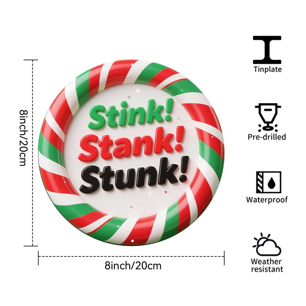 Pin Redondo Con Patrón De Bastón De Caramelo Navideño Con Texto "Stink Stank Stunk" Para Fiesta Navideña De…