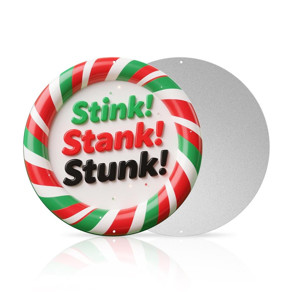 Pin Redondo Con Patrón De Bastón De Caramelo Navideño Con Texto "Stink Stank Stunk" Para Fiesta Navideña De…