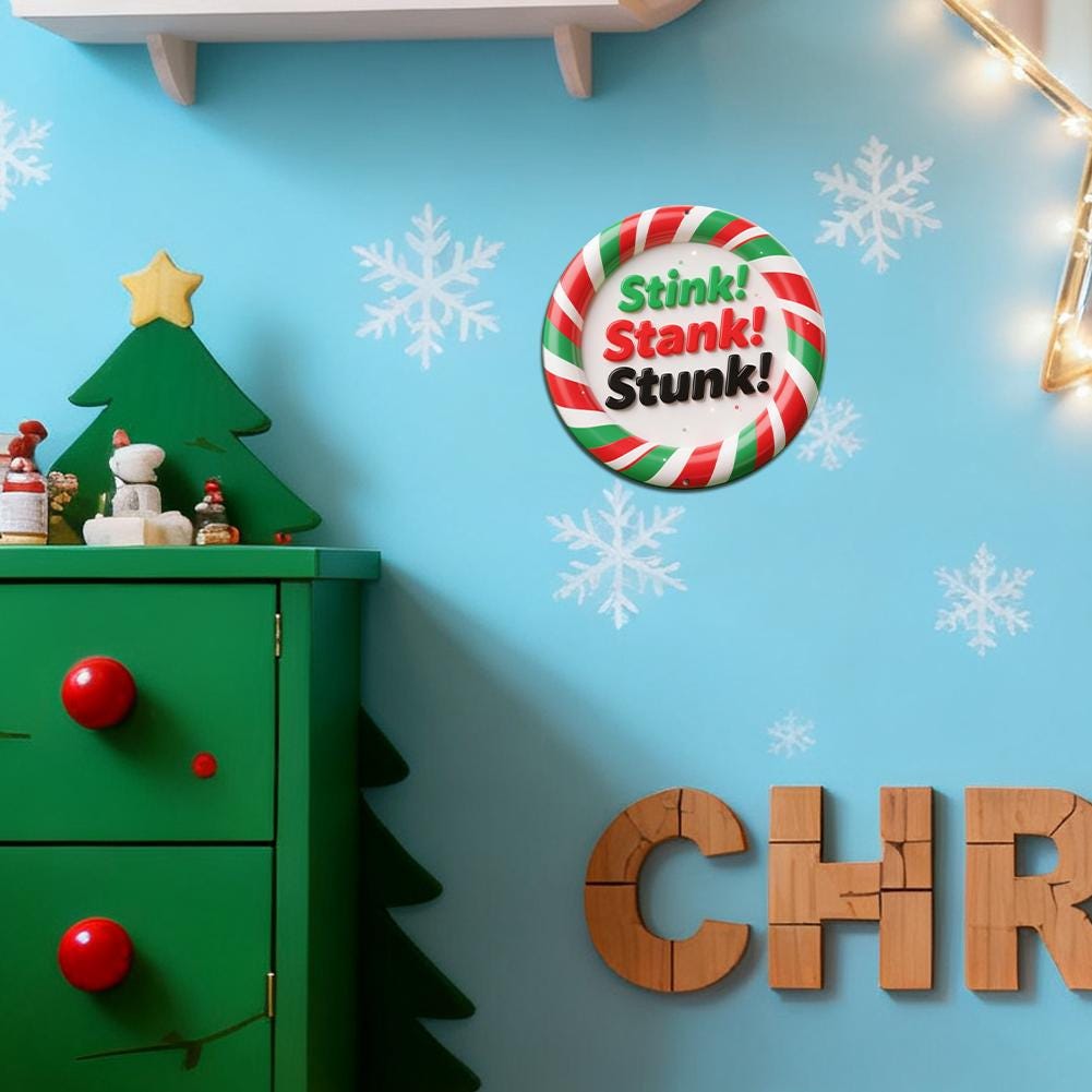 Christmas Candy Cane Pattern Round Pin With Stink Stank Stunk Text For Holiday Party Decoration Festive Accessory
