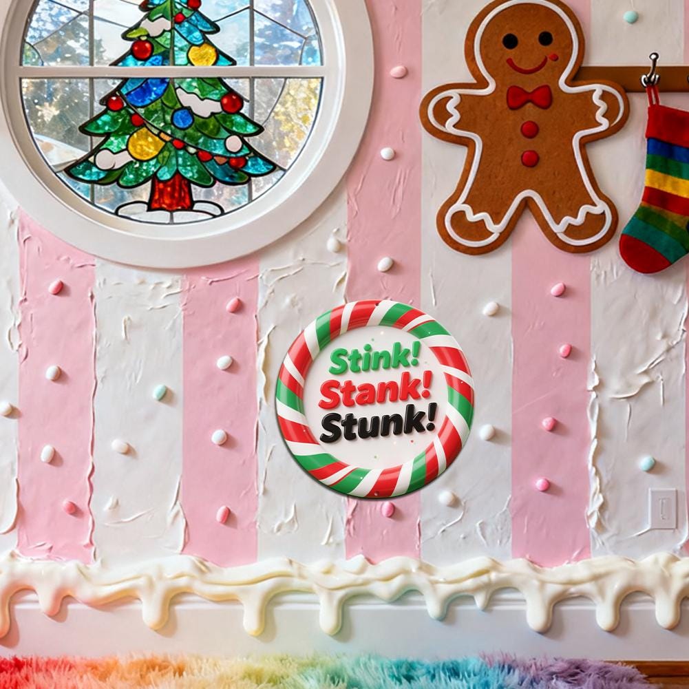 Pin Redondo Con Patrón De Bastón De Caramelo Navideño Con Texto "Stink Stank Stunk" Para Fiesta Navideña De…