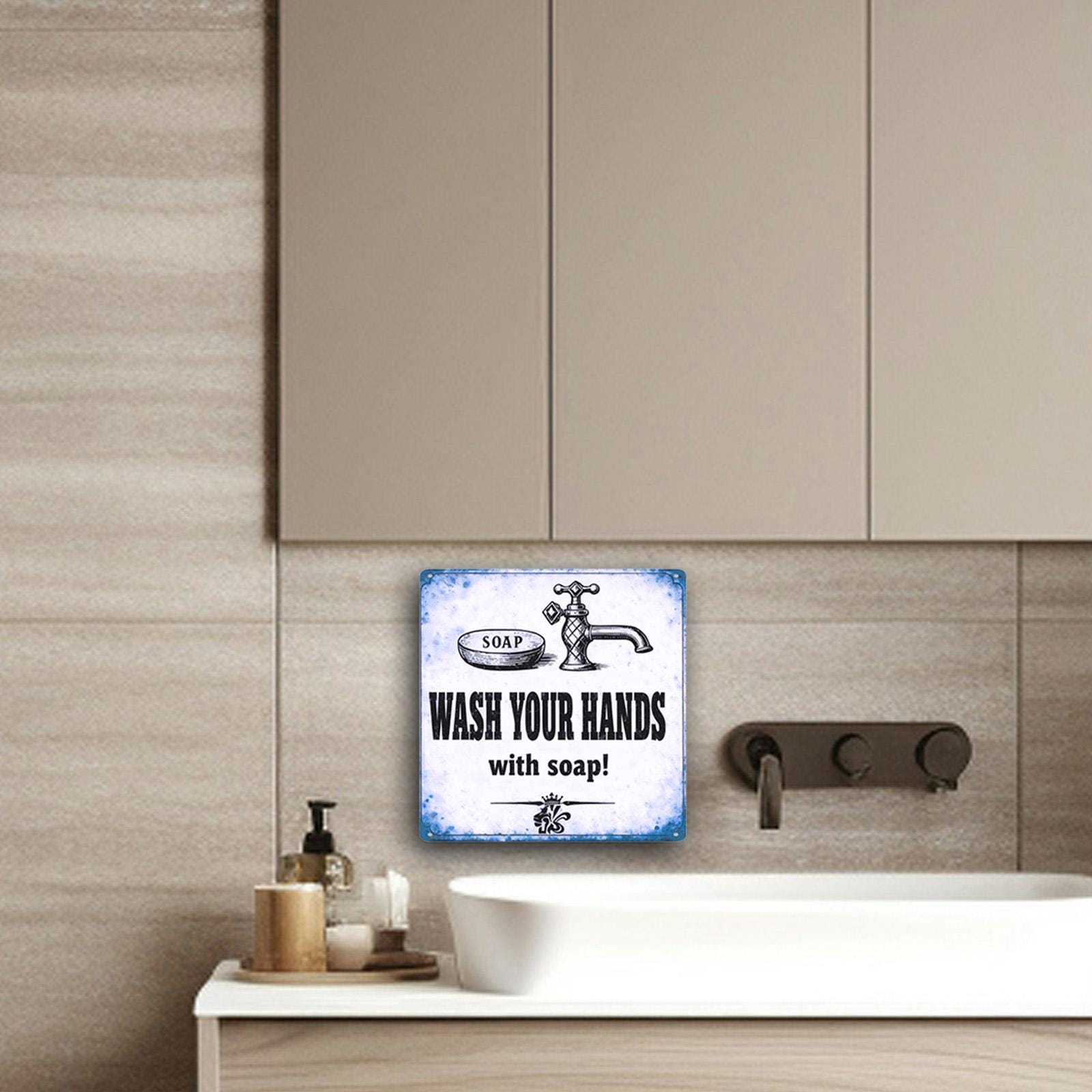 Plaque Métal Style Vintage Bleue Lavez Vos Mains Avec Du Savon Robinet Et Porte-Savon Pour…