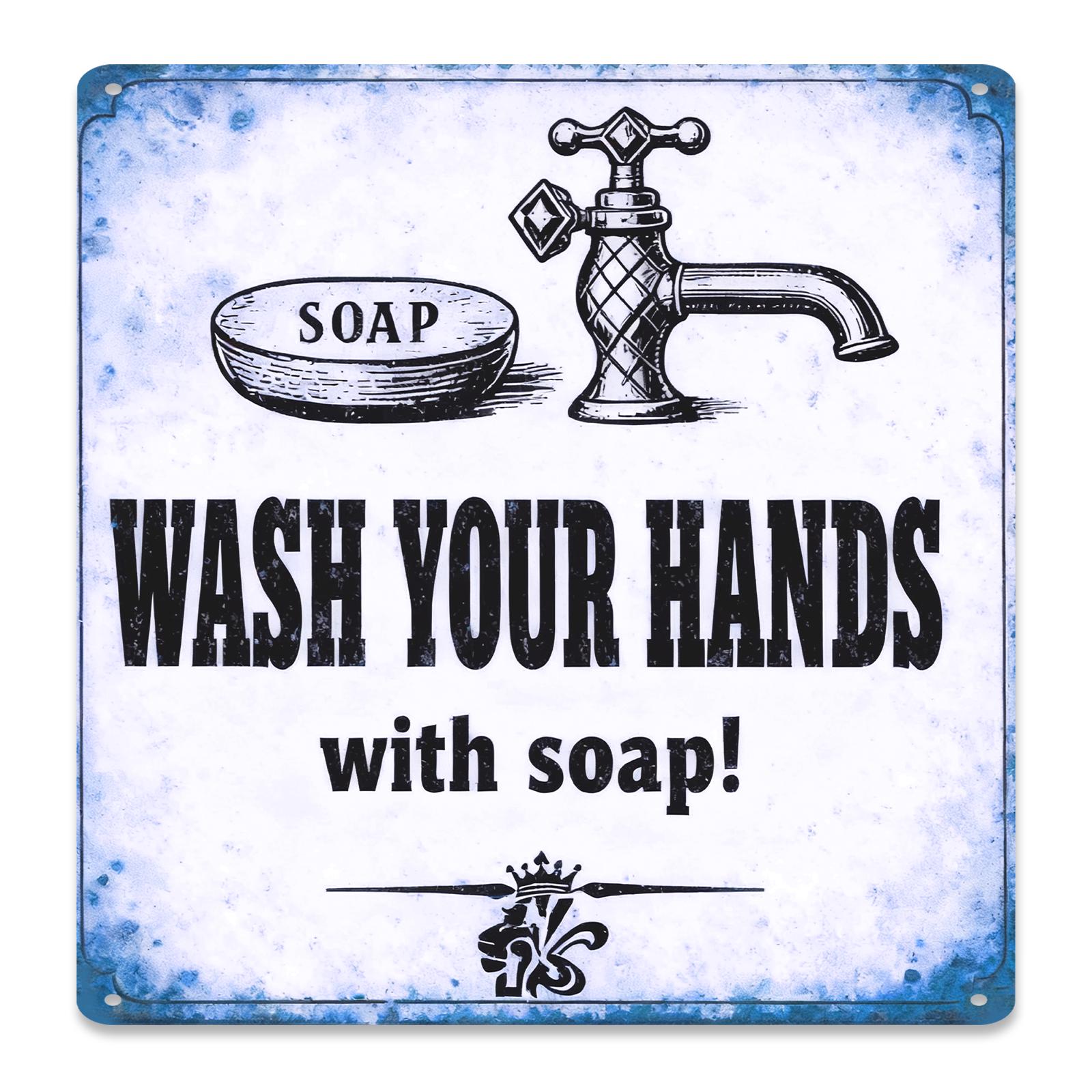 Plaque Métal Style Vintage Bleue Lavez Vos Mains Avec Du Savon Robinet Et Porte-Savon Pour…