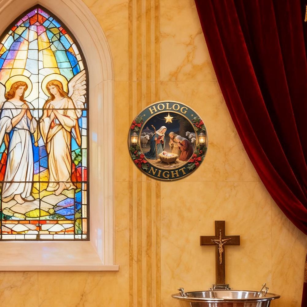 Christmas Ornament Round Holographic Night Nativity Scene With Star And Lanterns For Holiday Decorations Tree Decor