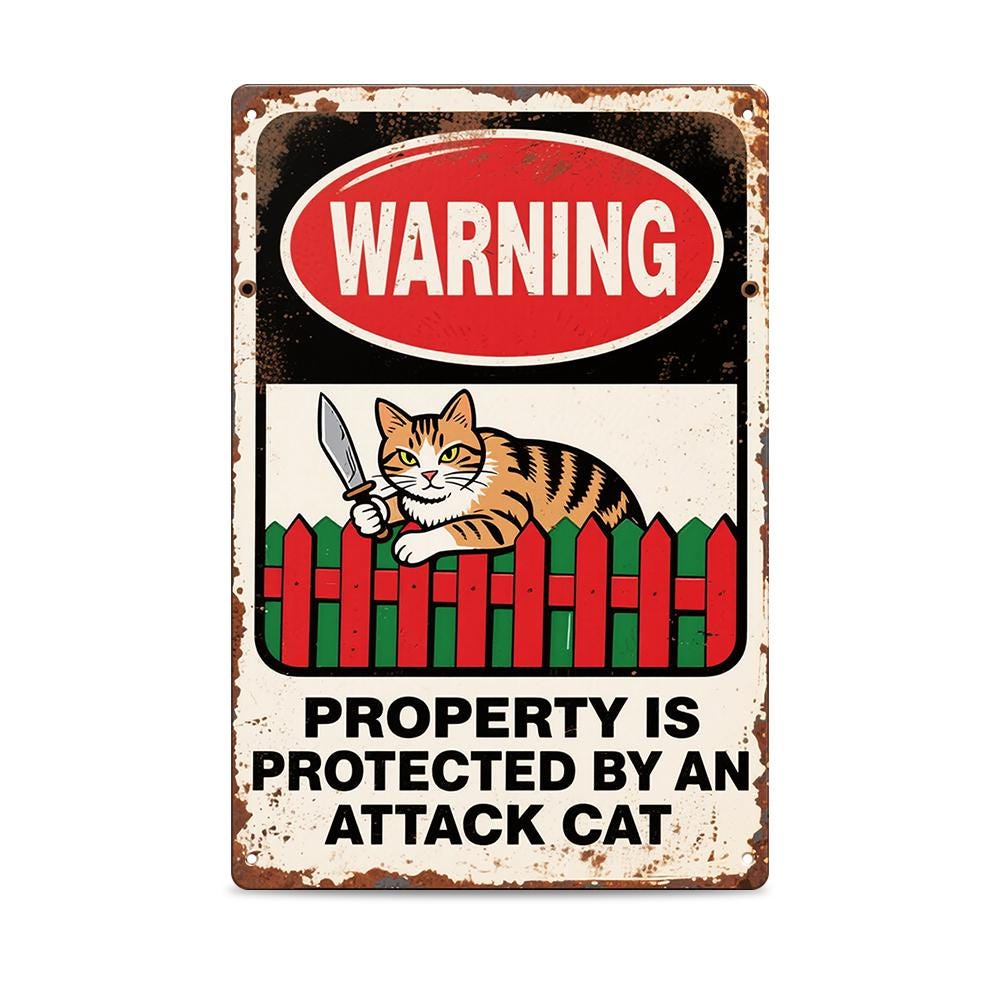 Rustic Metal Warning Sign White and Red With Cat Holding Knife and Text Property Is Protected By An Attack Cat For Outdoor