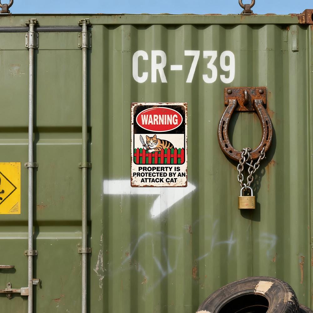 Rustic Metal Warning Sign White and Red With Cat Holding Knife and Text Property Is Protected By An Attack Cat For Outdoor