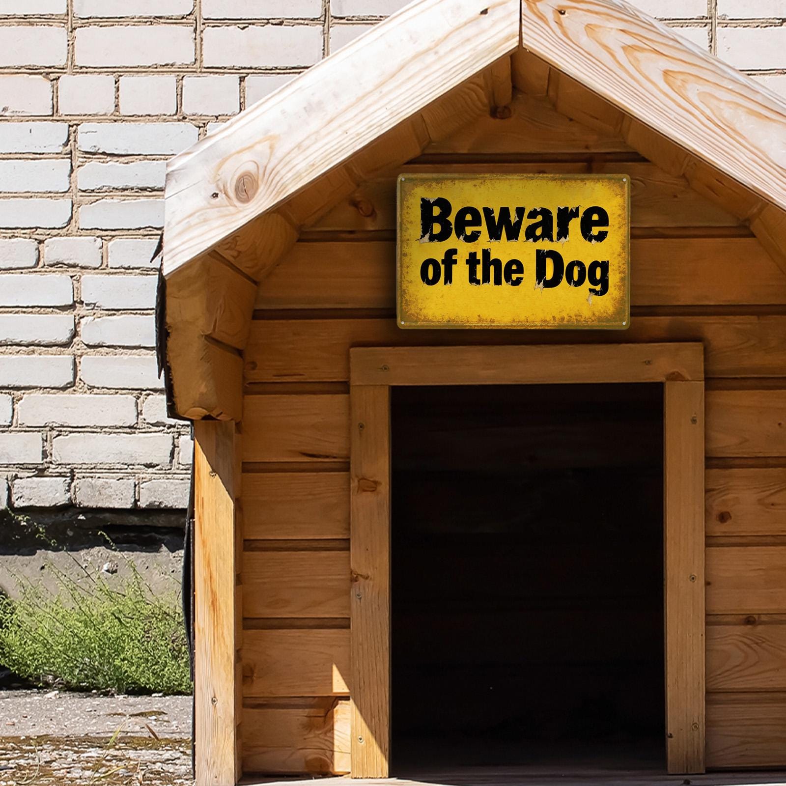 Retro Metal Sign Yellow Beware Of The Dog Warning Text For Outdoor Garden Yard Decor Vintage Style