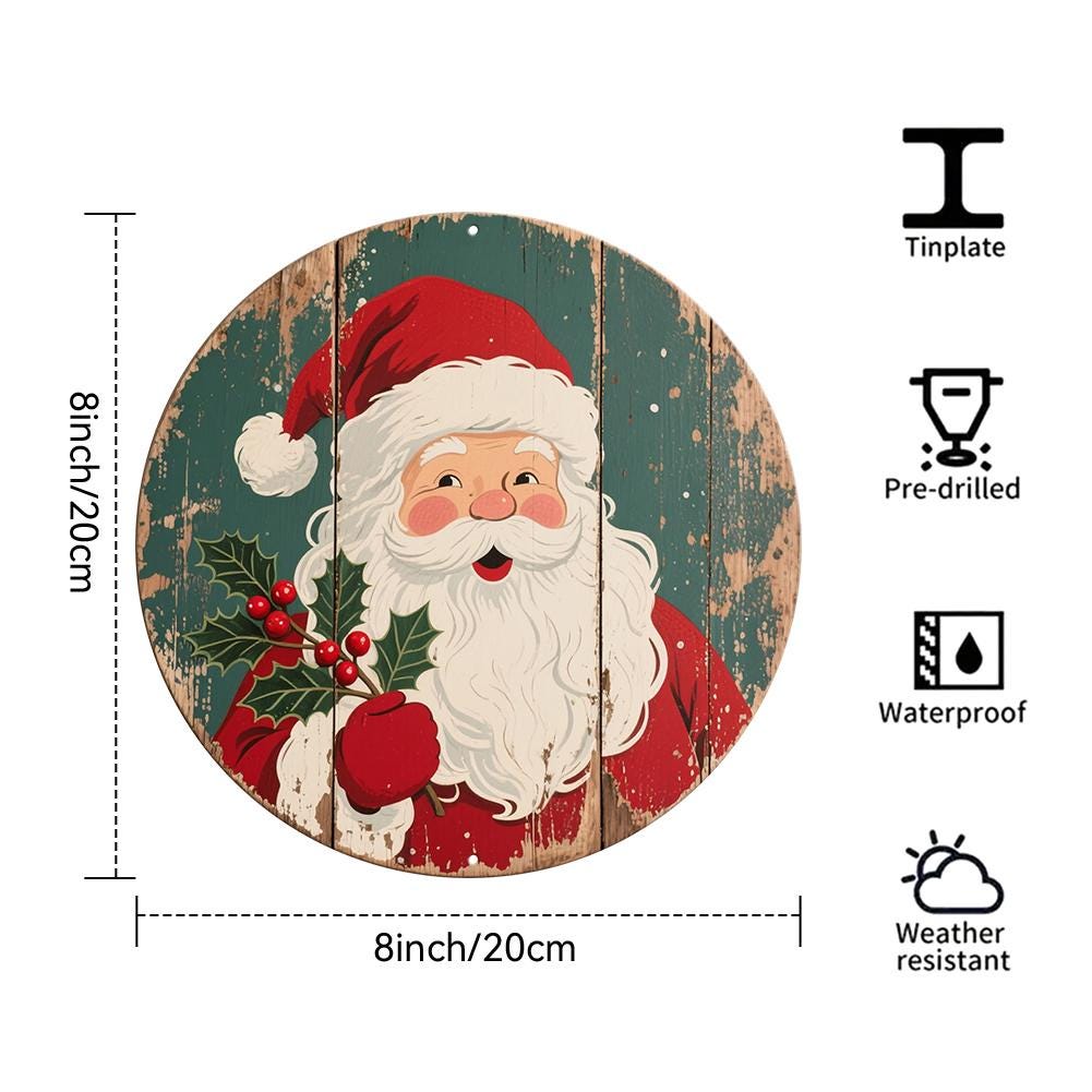Round Wooden Wall Decor Santa Claus Christmas Holiday Decoration Red And Green Vintage Style For Home Indoor Outdoor