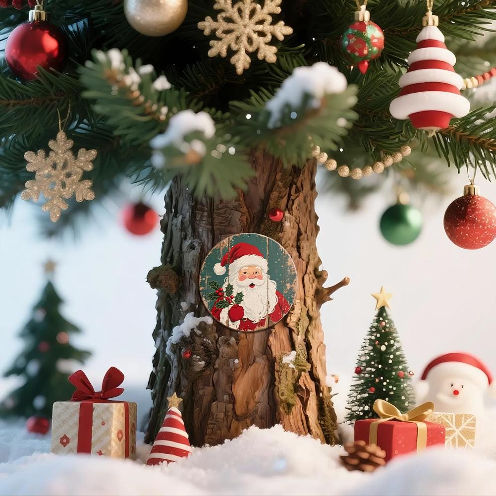 Round Wooden Wall Decor Santa Claus Christmas Holiday Decoration Red And Green Vintage Style For Home Indoor Outdoor