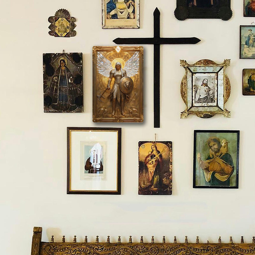 Goldener Engel Krieger Wandkunst Dekoration mit Flügeln und Schild für Zuhause oder Büro…