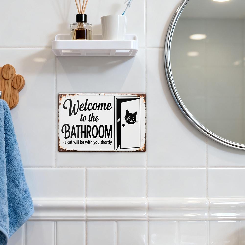 Rustic Metal Sign White Welcome To The Bathroom Cat Door Design For Home Decor Bathroom Wall Art Humor