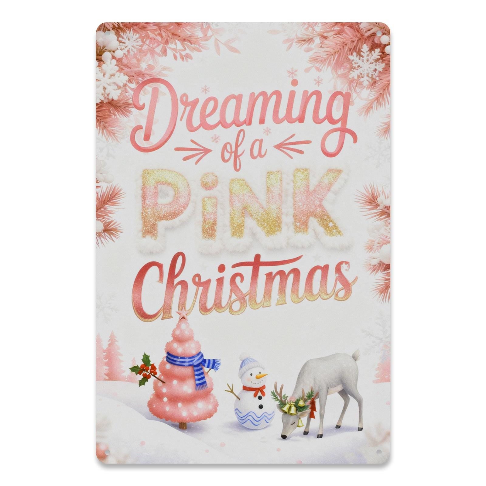 Dreaming Of A Pink Christmas Decorative Sign Pink Color With Snowman Deer And Tree Pattern For Holiday Home Decor