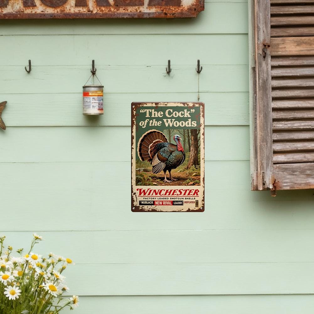 Vintage Metal Sign Rustic Brown The Cock Of The Woods Turkey Hunting Winchester Factory Loaded Shotgun Shells Decor