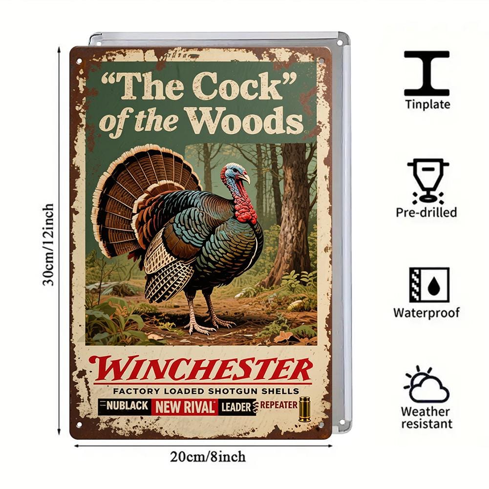 Vintage Metal Sign Rustic Brown The Cock Of The Woods Turkey Hunting Winchester Factory Loaded Shotgun Shells Decor