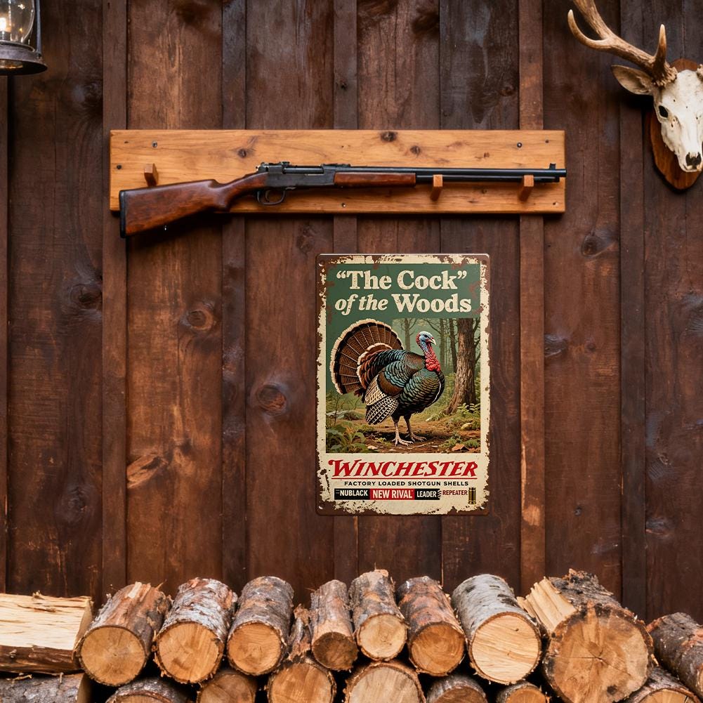 Vintage Metal Sign Rustic Brown The Cock Of The Woods Turkey Hunting Winchester Factory Loaded Shotgun Shells Decor