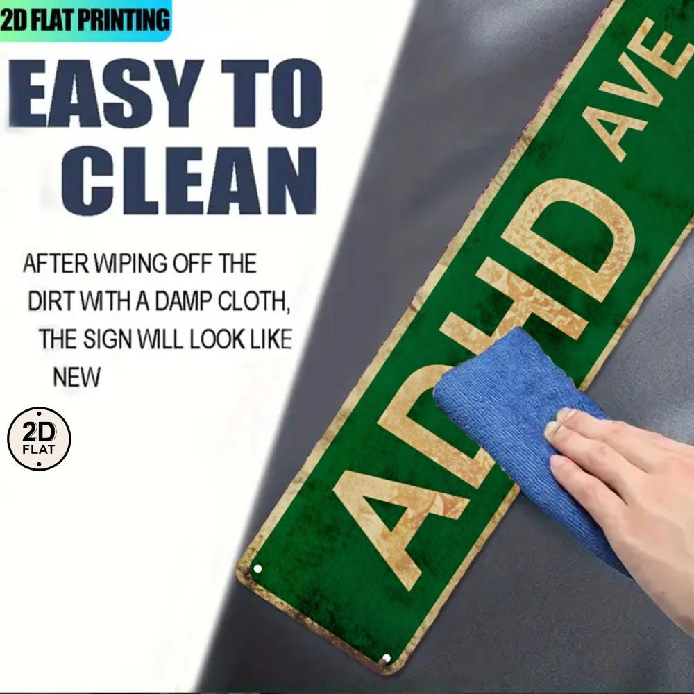 Green Street Sign with Gold Lettering - ADHD Ave Custom Metal Sign for Home Office Decor, Man Cave, or Gift