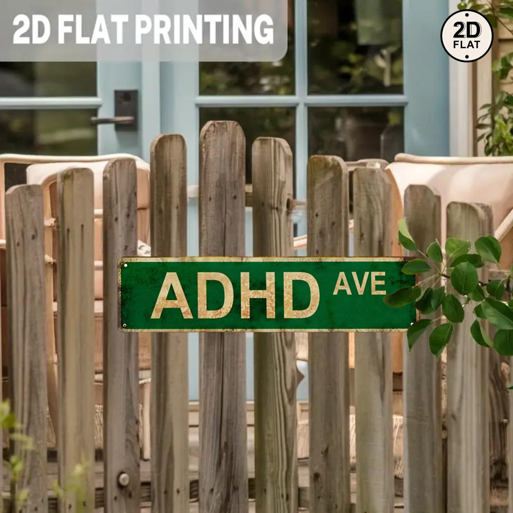 Green Street Sign with Gold Lettering - ADHD Ave Custom Metal Sign for Home Office Decor, Man Cave, or Gift