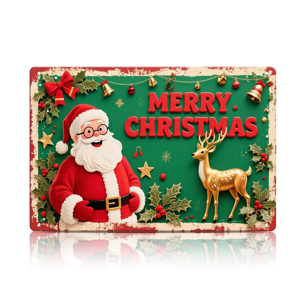 Merry Christmas Metal Sign with Santa and Reindeer, Vintage Holiday Wall Decor for Home Bar