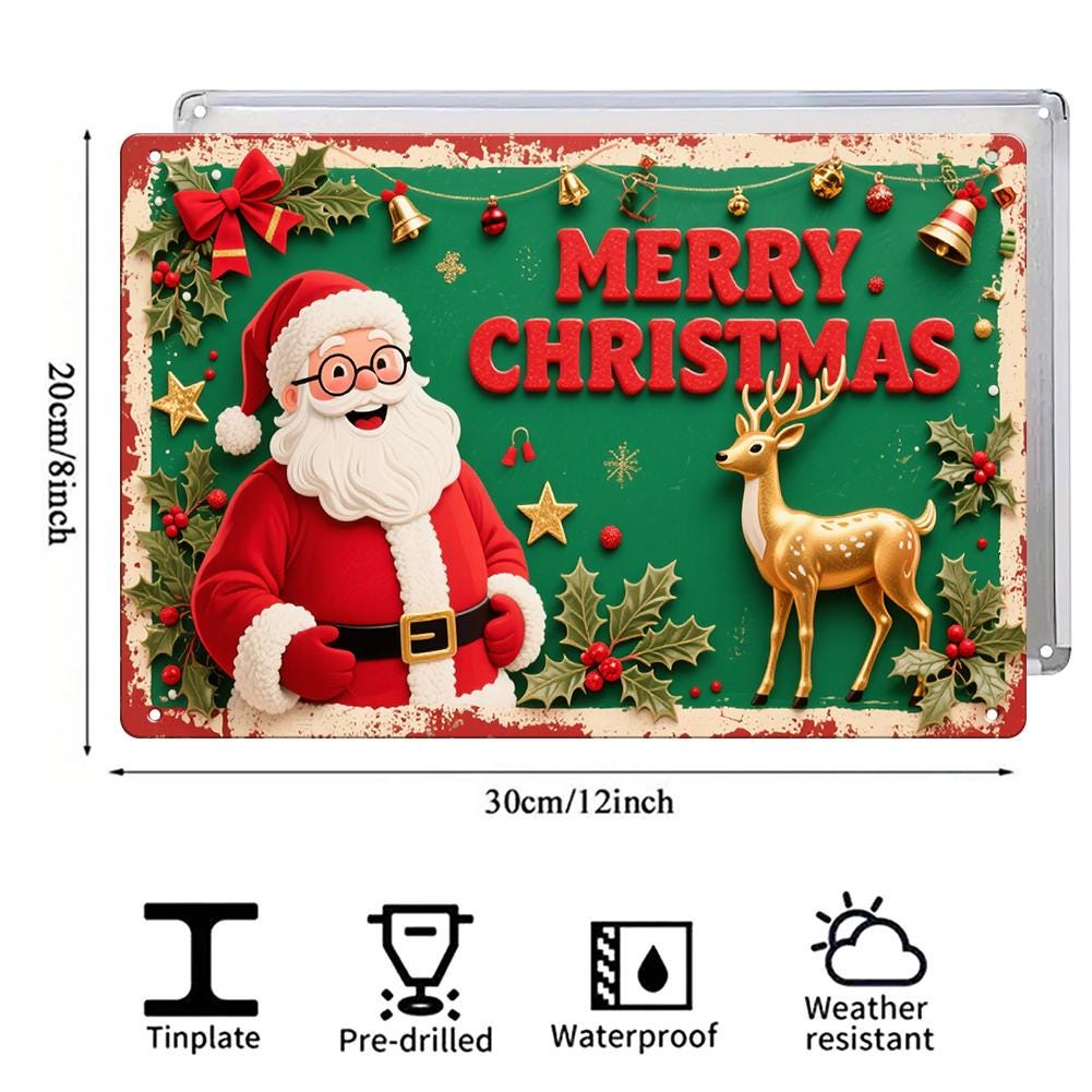 Merry Christmas Metal Sign with Santa and Reindeer, Vintage Holiday Wall Decor for Home Bar