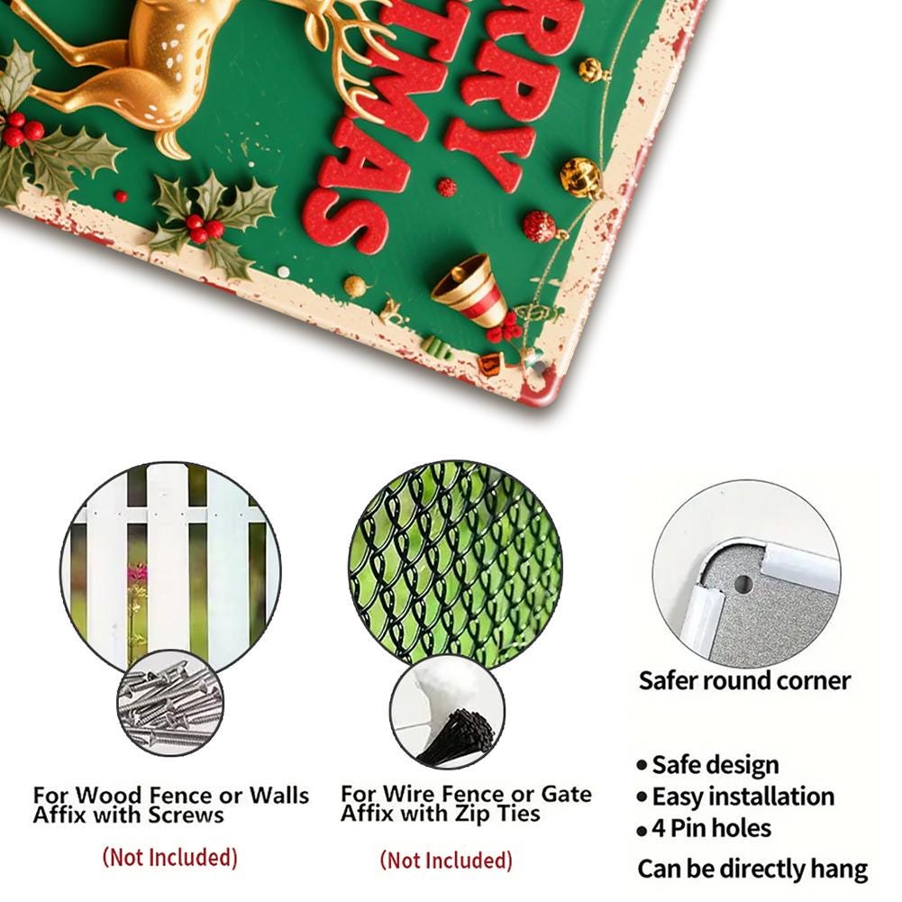 Merry Christmas Metal Sign with Santa and Reindeer, Vintage Holiday Wall Decor for Home Bar