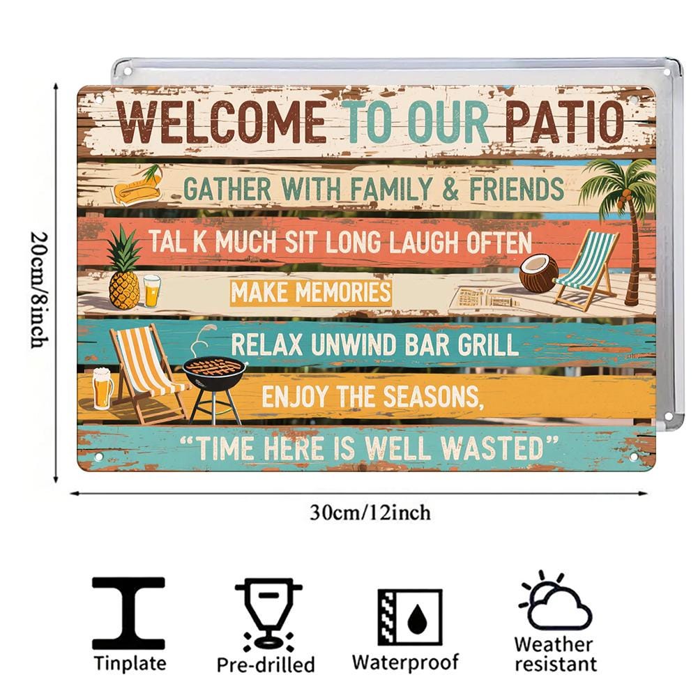 Welcome to Our Patio Metallschild, Versammeln Sie sich mit Familie und Freunden, Outdoor Bar Grill Deck…
