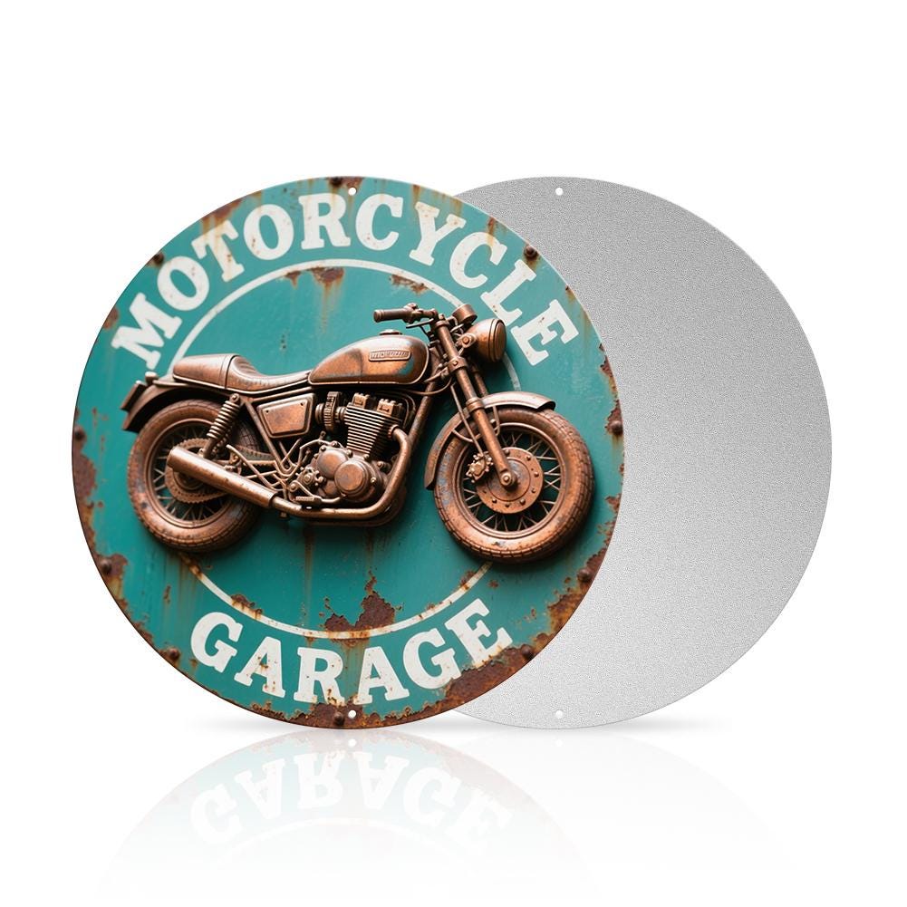 Motorcycle Garage Round Metal Sign, Vintage Biker Wall Decor for Man Cave Workshop