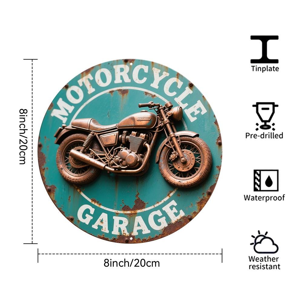 Motorcycle Garage Round Metal Sign, Vintage Biker Wall Decor for Man Cave Workshop