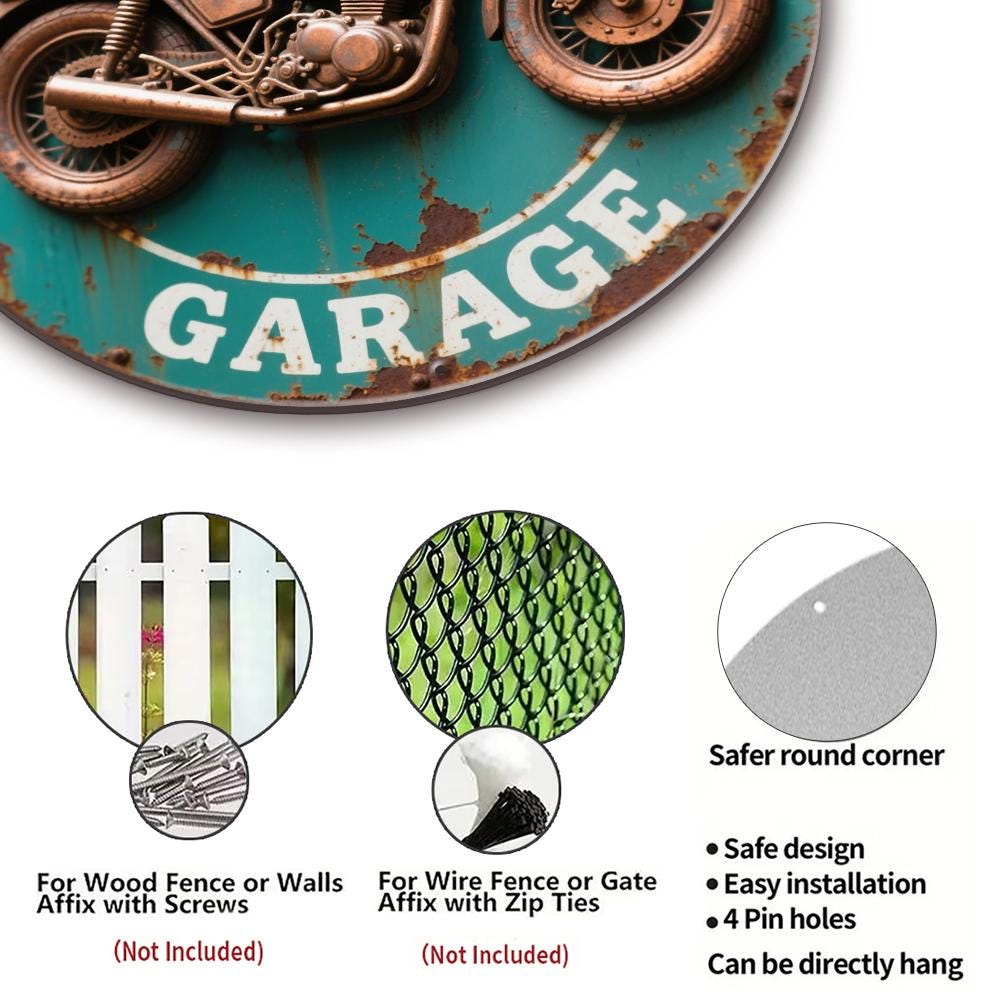 Motorcycle Garage Round Metal Sign, Vintage Biker Wall Decor for Man Cave Workshop